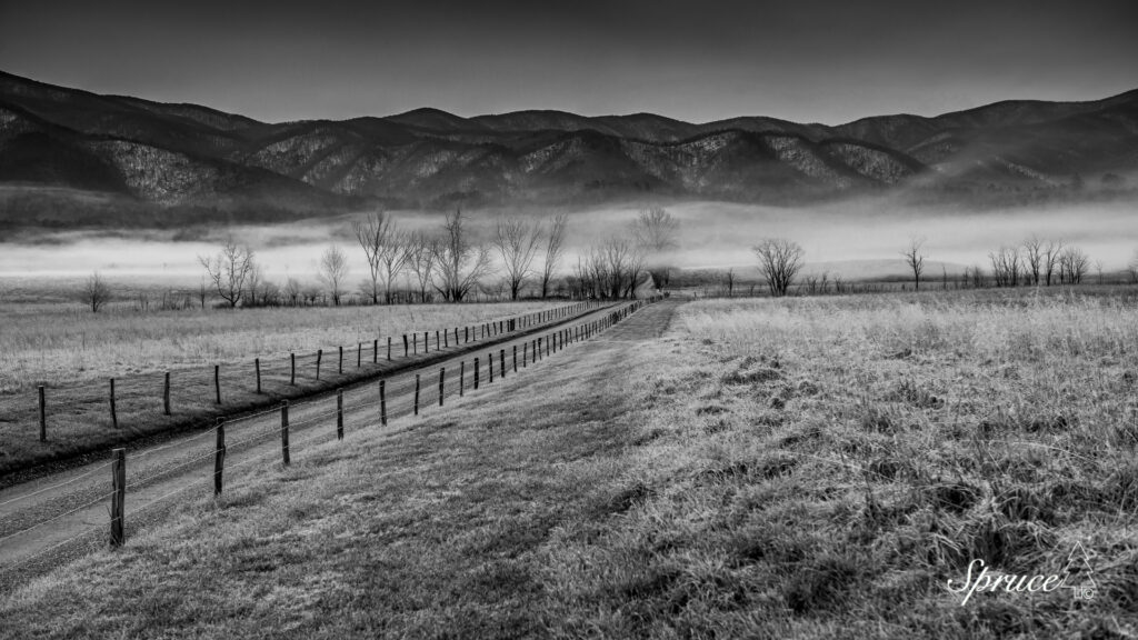 Hyatt Lane a dirt road with wooden fence post on each side cutting across a field in Cades Cove with mountains in the background.