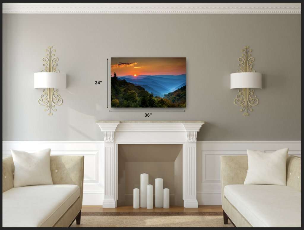 24"x36" metal print of a Smoky Mountain sunrise hanging over a fireplace